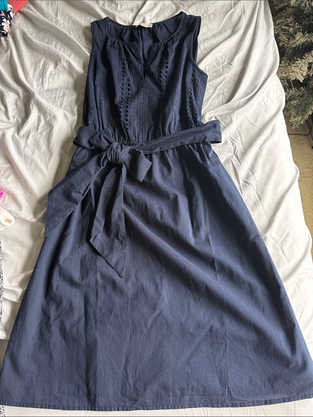 LOFT Navy Sleeveless Eyelet Tie-Waist Mini Dress